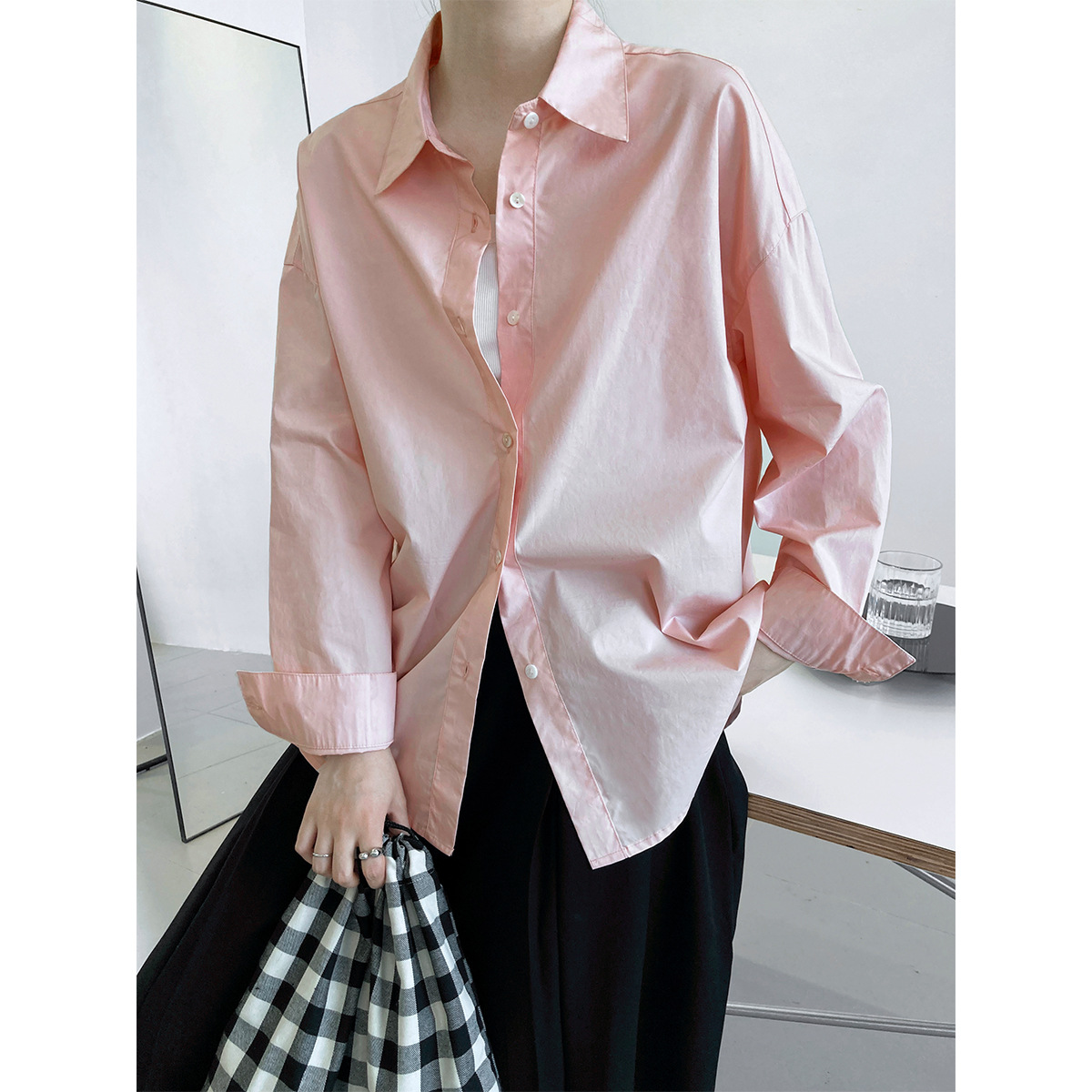 Autumn New 60 Thread Count Cotton Solid Long Sleeve Shirt Women's Simple Loose Overlay Casual Shirt