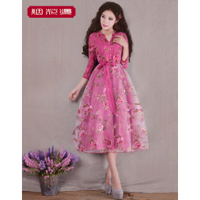 Fireworks Hot Spring 2016 New Women's Print Organza Splice Dress Long Dress Yandanmei Red L Spot